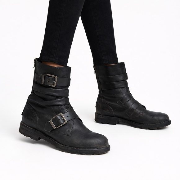 Diesel Distressed Leather Moto Boots | Black | Buckle Detail | Size 38 - Picture 4 of 7
